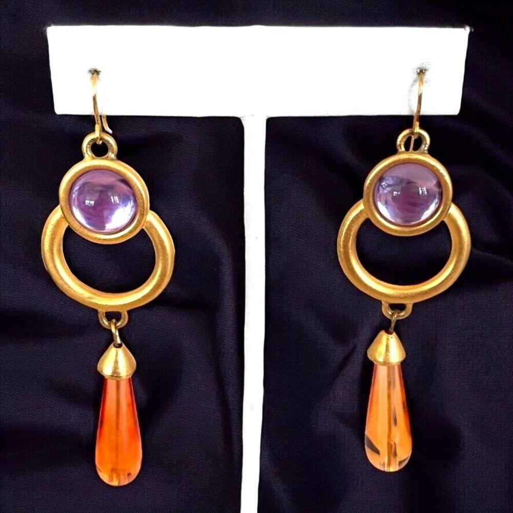 Vintage 1980s Dangle Earrings Gripoix Style Cabochon Drop Gold Tone - 10D